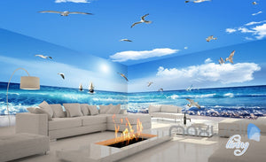 3D Sea Wave Sail Boat Seagull Beach Entire Room Bathroom Wallpaper Wall Mural Art Decor  IDCQW-000208