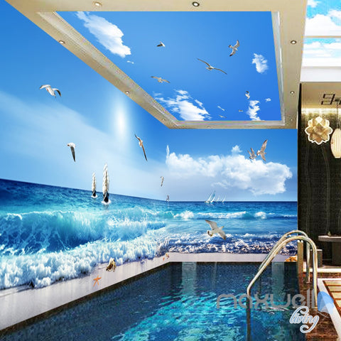 Image of 3D Sea Wave Sail Boat Seagull Beach Entire Room Bathroom Wallpaper Wall Mural Art Decor  IDCQW-000208