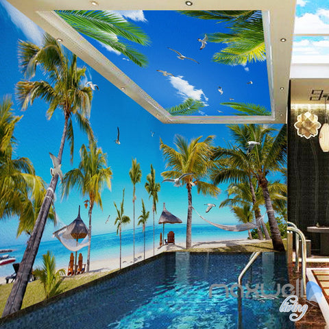 Image of 3D Fiji Island Beach Palm Tree Entire Living Room Wallpaper Wall Mural Art Decor IDCQW-000210