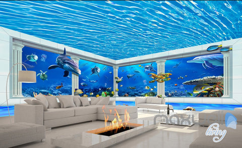 Image of 3D Shimmering Water Ceiling Dophin Window View Entire Room Bathroom Wallpaper Wall Mural Art IDCQW-000212