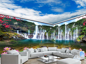 3D Waterfall Lotus Fish Mountain Entire Living Room Wallpaper Wall Mural Art Decor IDCQW-000213