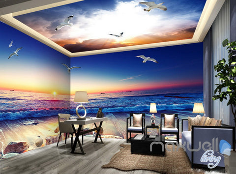Image of 3D Sunrise Beach View Wave Ceiling Entire Room Bedroom Wallpaper Wall Mural Art Decor Prints IDCQW-000215