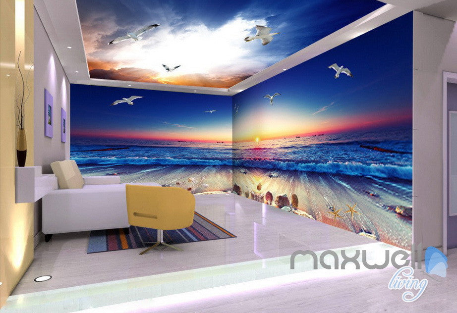 3D Sunrise Beach View Wave Ceiling Entire Room Bedroom Wallpaper Wall Mural Art Decor Prints IDCQW-000215