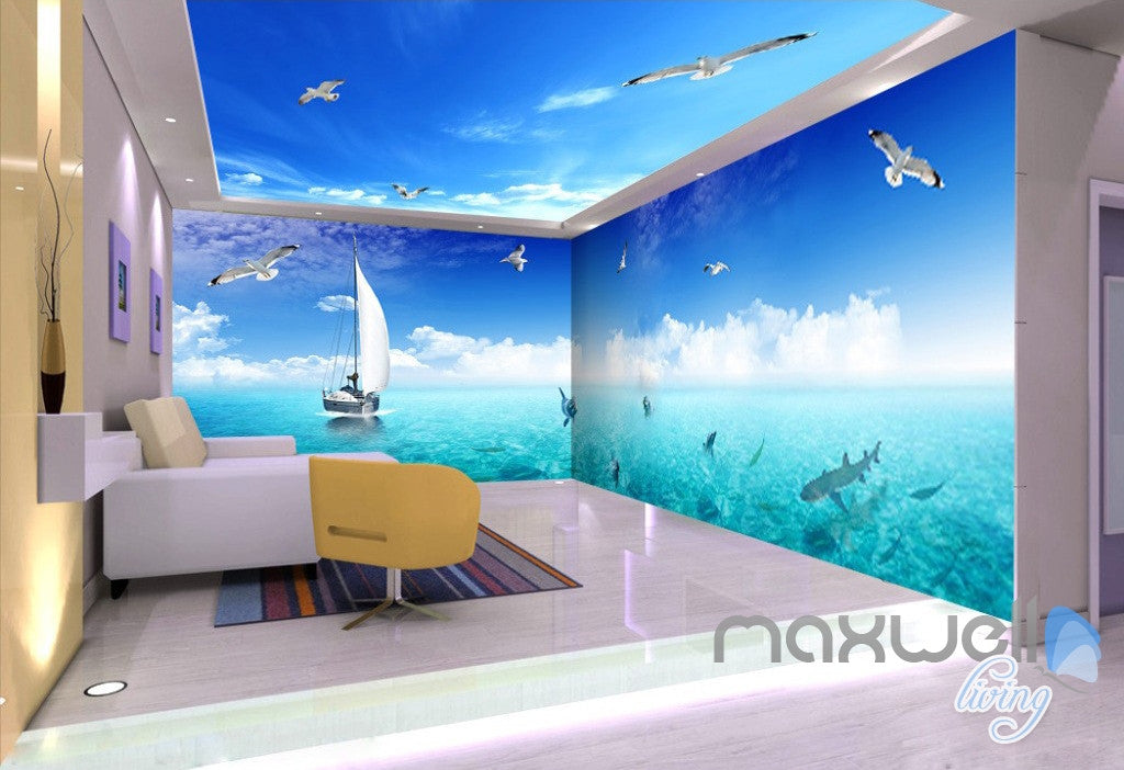 3D Dophins Playing Sail Boat Seagull Ceiling Entire Room Wallpaper Wall Mural Art Decor IDCQW-000216
