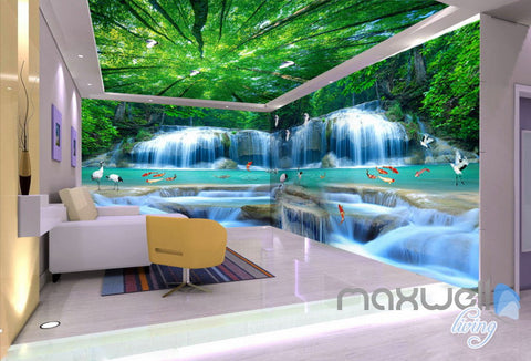 Image of 3D Fish Waterfall Tree Top Ceiling Entire Room Wallpaper Wall Mural Art Decor Prints IDCQW-000217