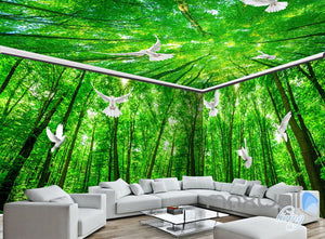3D Pigeon Green Forest Tree Top Entire Living Room Wallpaper Wall Mural Art Decor IDCQW-000219