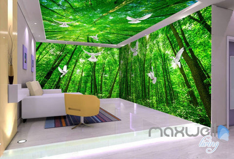 Image of 3D Pigeon Green Forest Tree Top Entire Living Room Wallpaper Wall Mural Art Decor IDCQW-000219