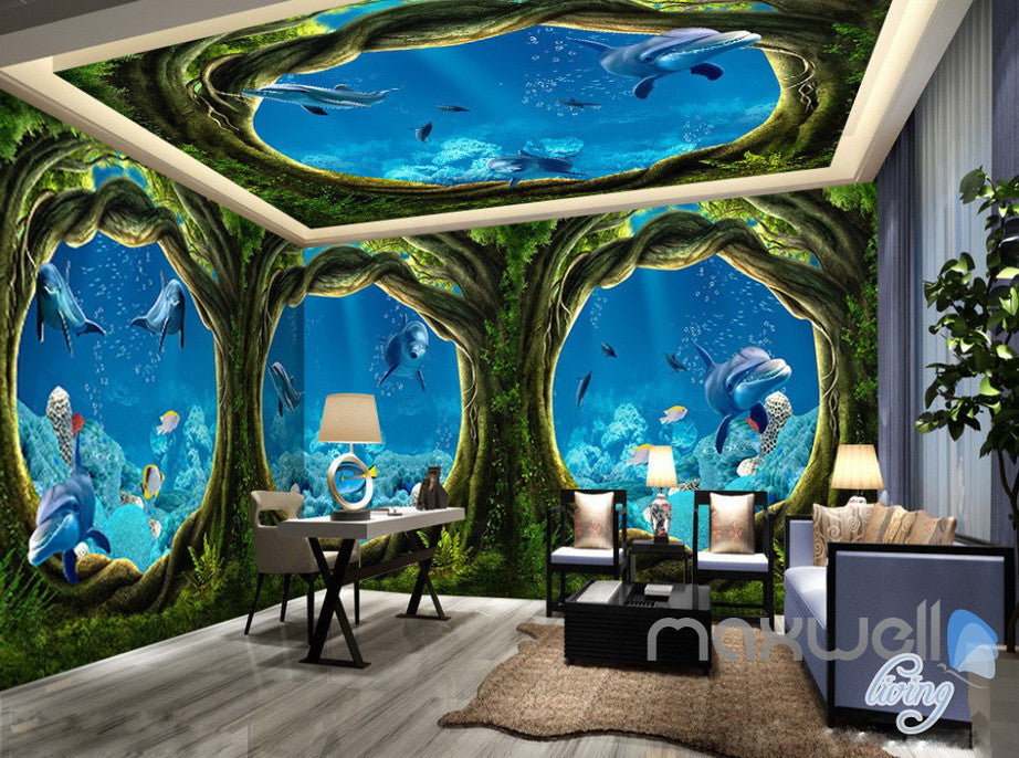 3D Undersea Cave Hole Dophins Entire Room Bedroom Wallpaper Wall Mural Art IDCQW-000225