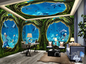 3D Undersea Cave Hole Dophins Entire Room Bedroom Wallpaper Wall Mural Art IDCQW-000225