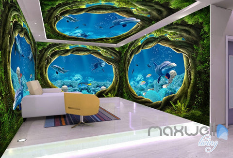 Image of 3D Undersea Cave Hole Dophins Entire Room Bedroom Wallpaper Wall Mural Art IDCQW-000225