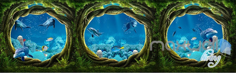 Image of 3D Undersea Cave Hole Dophins Entire Room Bedroom Wallpaper Wall Mural Art IDCQW-000225