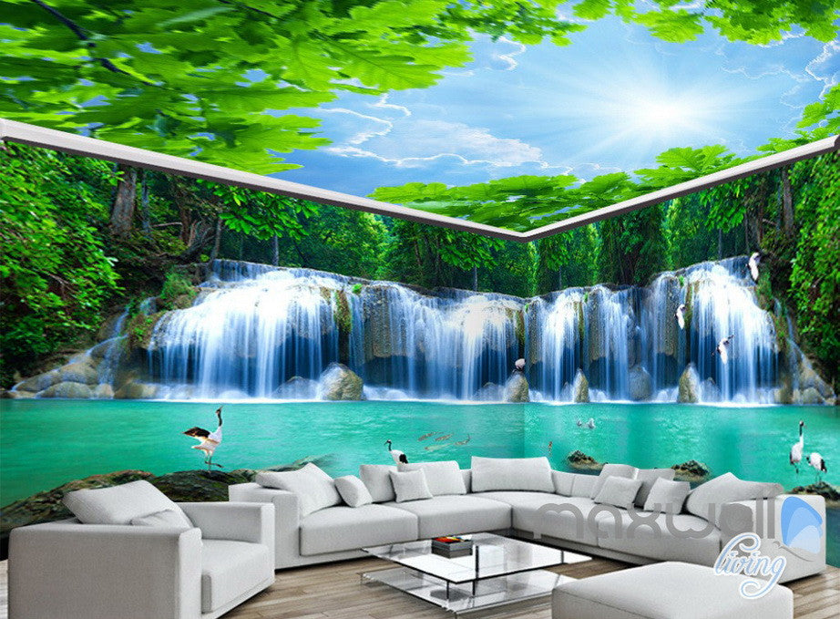 3D Crane Bird Waterfall Forest Entire Living Room Wallpaper Wall Mural Art Prints IDCQW-000231