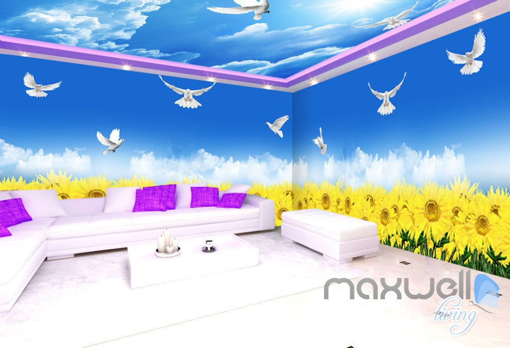 3D Sunflower Field Pigeon Entire Living Room Wallpaper Wall Mural Art Decor Prints IDCQW-000234