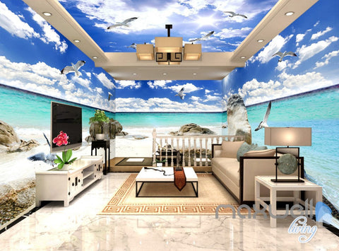 Image of 3D Beach Ocean Seagull Clouds Sky Ceiling Entire Living Room Wall Mural Art Decor IDCQW-000236