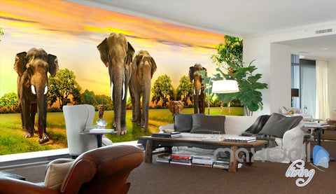 Image of 3D Elepants Walking Entire Living Room Bedroom Wallpaper Wall Mural Art Decor Prints IDCQW-000246