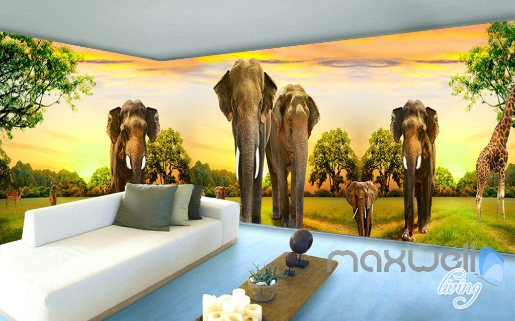 3D Elepants Walking Entire Living Room Bedroom Wallpaper Wall Mural Art Decor Prints IDCQW-000246