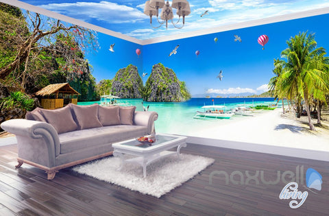 Image of 3D Beach Carbin Hot Airballoon Entire Living Room Wallpaper Wall Mural Decor IDCQW-000249