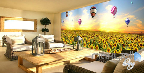 Image of 3D Hot Airballon Sunflower Field Entire Living Room Wallpaper Wall Mural Decor IDCQW-000250