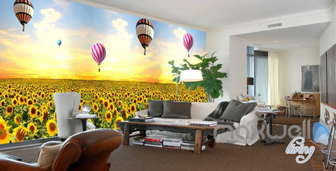 Image of 3D Hot Airballon Sunflower Field Entire Living Room Wallpaper Wall Mural Decor IDCQW-000250