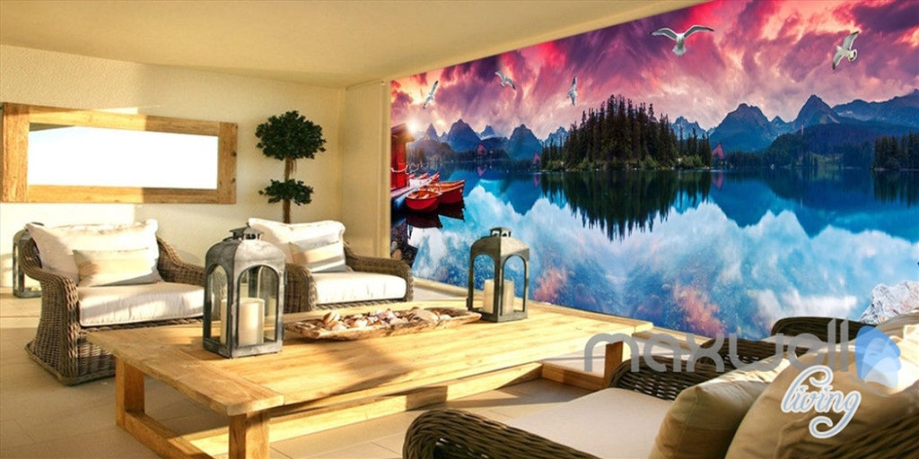 3D Moutains Reflection in Water Sunset Glow Entire Living Room Wallpaper Wall Mural IDCQW-000252