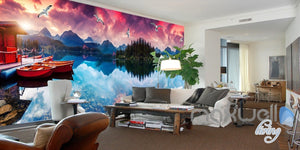3D Moutains Reflection in Water Sunset Glow Entire Living Room Wallpaper Wall Mural IDCQW-000252