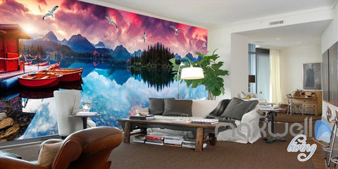 Image of 3D Moutains Reflection in Water Sunset Glow Entire Living Room Wallpaper Wall Mural IDCQW-000252