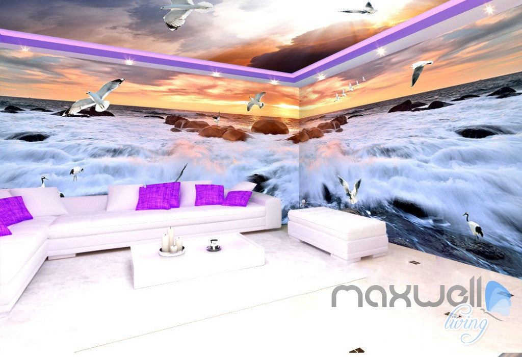 3D Rising Tide Sunset Seagull Entire Living Room Business Wallpaper Wall Mural Art IDCQW-000257