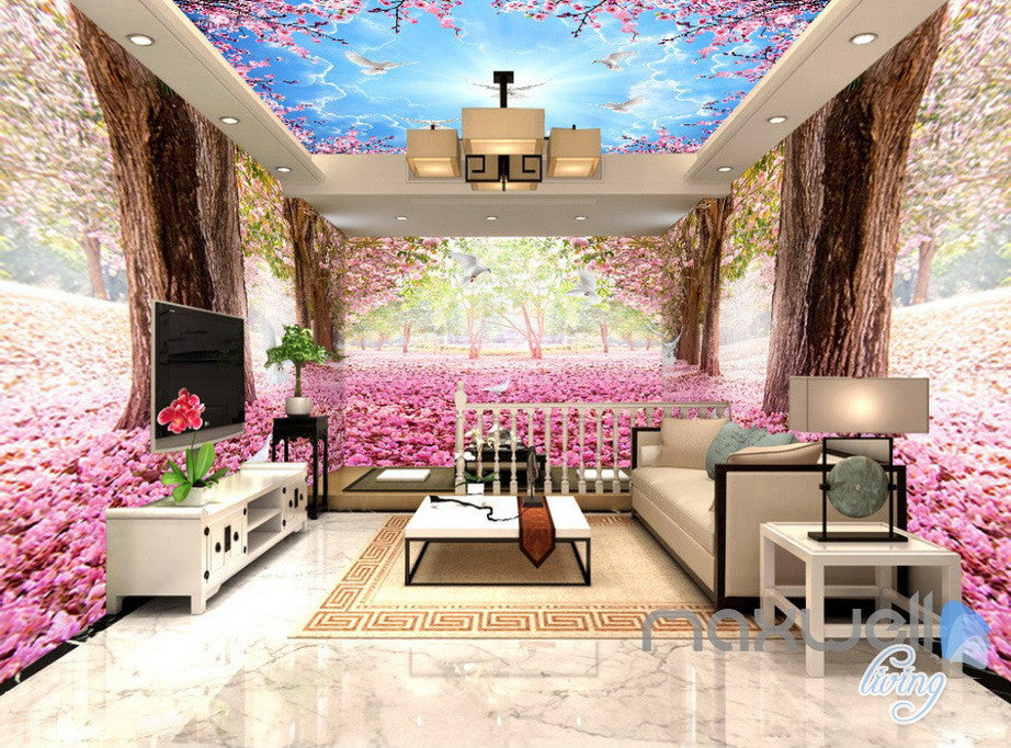 3D Cherry Blossom Tree Entire Living Room Office Wallpaper Wall Mural ...