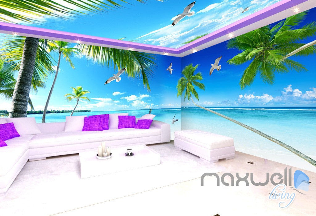 3D Palm Tree Beach Ocean Theme Entire Living Room Office Wallpaper Wall Mural IDCQW-000264