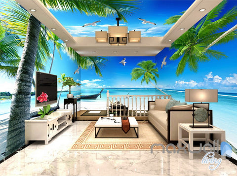 Image of 3D Palm Tree Beach Ocean Theme Entire Living Room Office Wallpaper Wall Mural IDCQW-000264