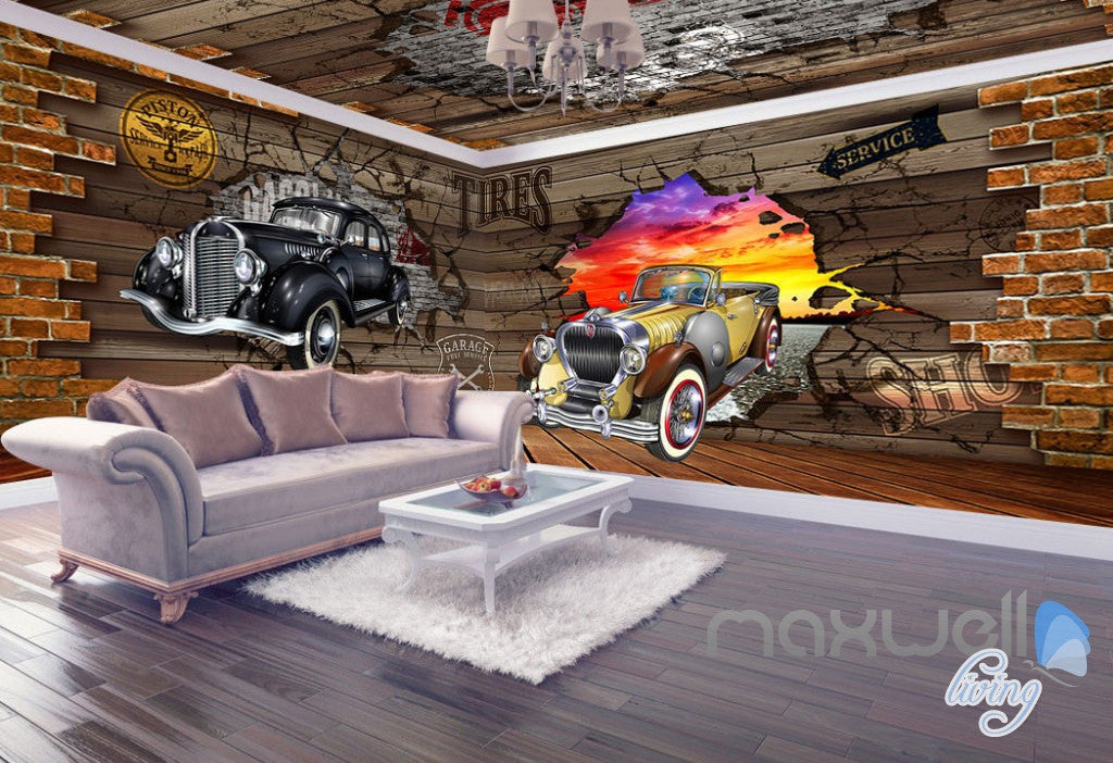 3D Cars Break Brick Wall Entire Living Room Business Wallpaper Mural Art Decor IDCQW-000272