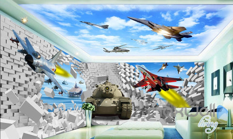 Image of 3D Plane Tank Break Wall Entire Living Room Bedroom Wallpaper Wall Mural Art IDCQW-000280