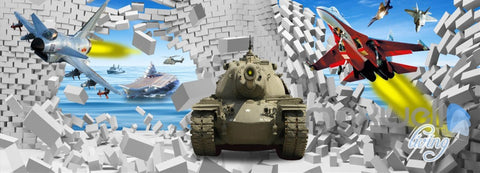 Image of 3D Plane Tank Break Wall Entire Living Room Bedroom Wallpaper Wall Mural Art IDCQW-000280
