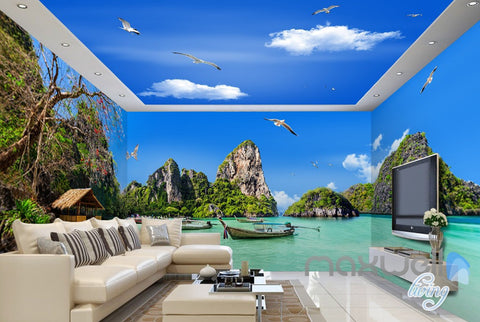 Image of 3D Tropical Island Boat Bay Entire Living Room Bedroom Wallpaper Wall Mural Art IDCQW-000281