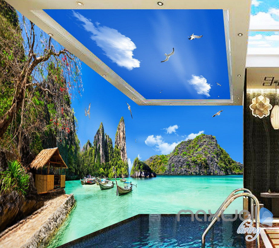 3D Tropical Island Boat Bay Entire Living Room Bedroom Wallpaper Wall Mural Art IDCQW-000281
