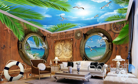 Image of 3D Portholes Wood Sea Map Entire Living Room Business Wallpaper Wall Mural Art IDCQW-000286
