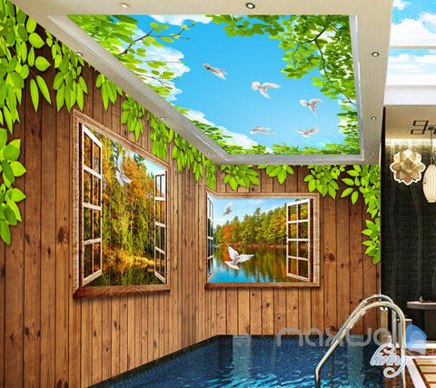 Image of 3D Wood Cabin Windsows River Entire Living Room Business Wallpaper Wall Mural Art IDCQW-000287