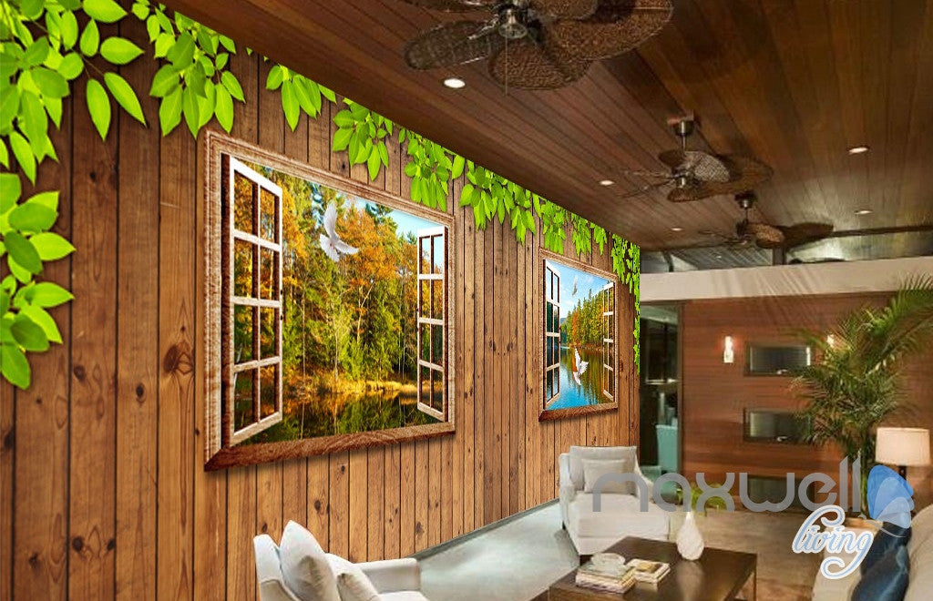 3D Wood Cabin Windsows River Entire Living Room Business Wallpaper Wall Mural Art IDCQW-000287