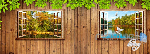 Image of 3D Wood Cabin Windsows River Entire Living Room Business Wallpaper Wall Mural Art IDCQW-000287