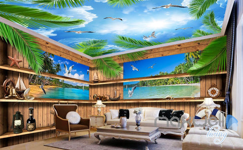 Image of 3D Wood Cabin Inside Windows Beach Entire Living Room Business Wallpaper Wall Mural IDCQW-000288