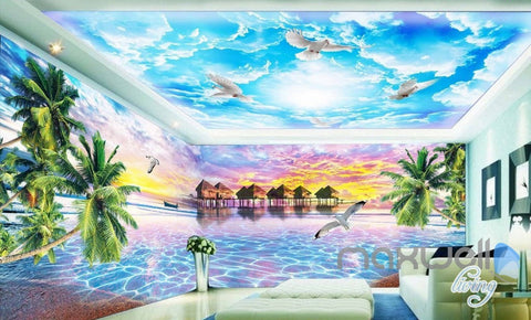 Image of 3D Tropical Island Resort Cabins Entire Living Room Wallpaper Wall Mural Art Prints IDCQW-000292