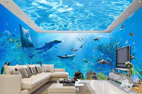Image of 3D Underwater Rays Fish Shimmering Water Ceiling Entire Living Room Wallpaper Wall Mural IDCQW-000293