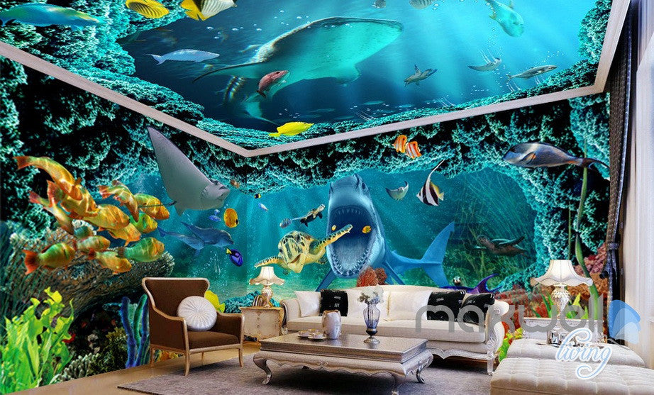 3D Shark Chasing Turtle Entire Living Room Bathroom Wallaper Wall Mural Art Prints IDCQW-000294