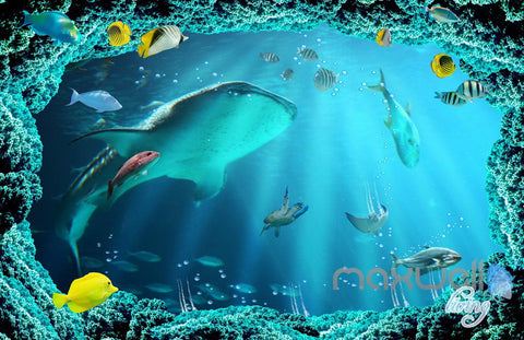 Image of 3D Shark Chasing Turtle Entire Living Room Bathroom Wallaper Wall Mural Art Prints IDCQW-000294