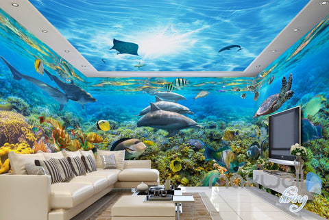 Image of 3D Dophins Playing Coral Reef Entire Living Room Bathroom Wallpaper Wall Mural Decal IDCQW-000296