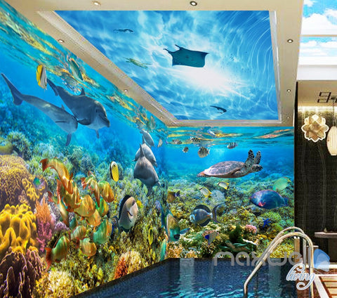 Image of 3D Dophins Playing Coral Reef Entire Living Room Bathroom Wallpaper Wall Mural Decal IDCQW-000296