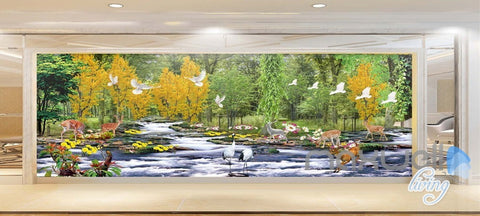 Image of 3D Forest River Deer Entire Living Room Bedroom Wallpaper Wall Mural Decal Art Prints IDCQW-000297