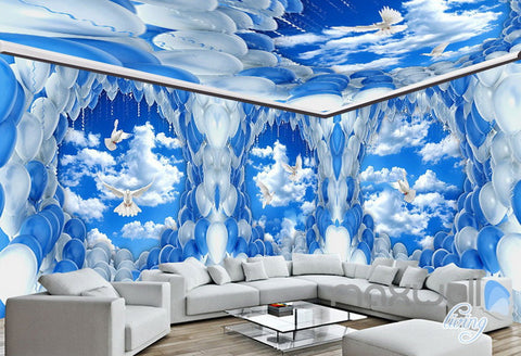 Image of 3D Pigeons White Blue Balloon Sky Entire Living Room Wallpaper Wall Mural Decal Art IDCQW-000302