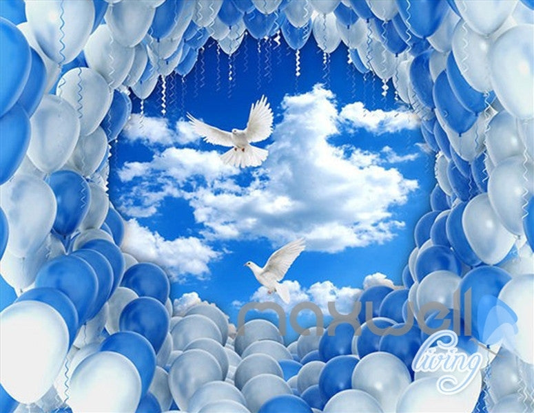 3D Pigeons White Blue Balloon Sky Entire Living Room Wallpaper Wall Mural Decal Art IDCQW-000302