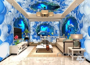 3D Dophins Pass Through White Blue Ballon Entire Living Room Wallpaper Wall Mural Decal Art IDCQW-000303